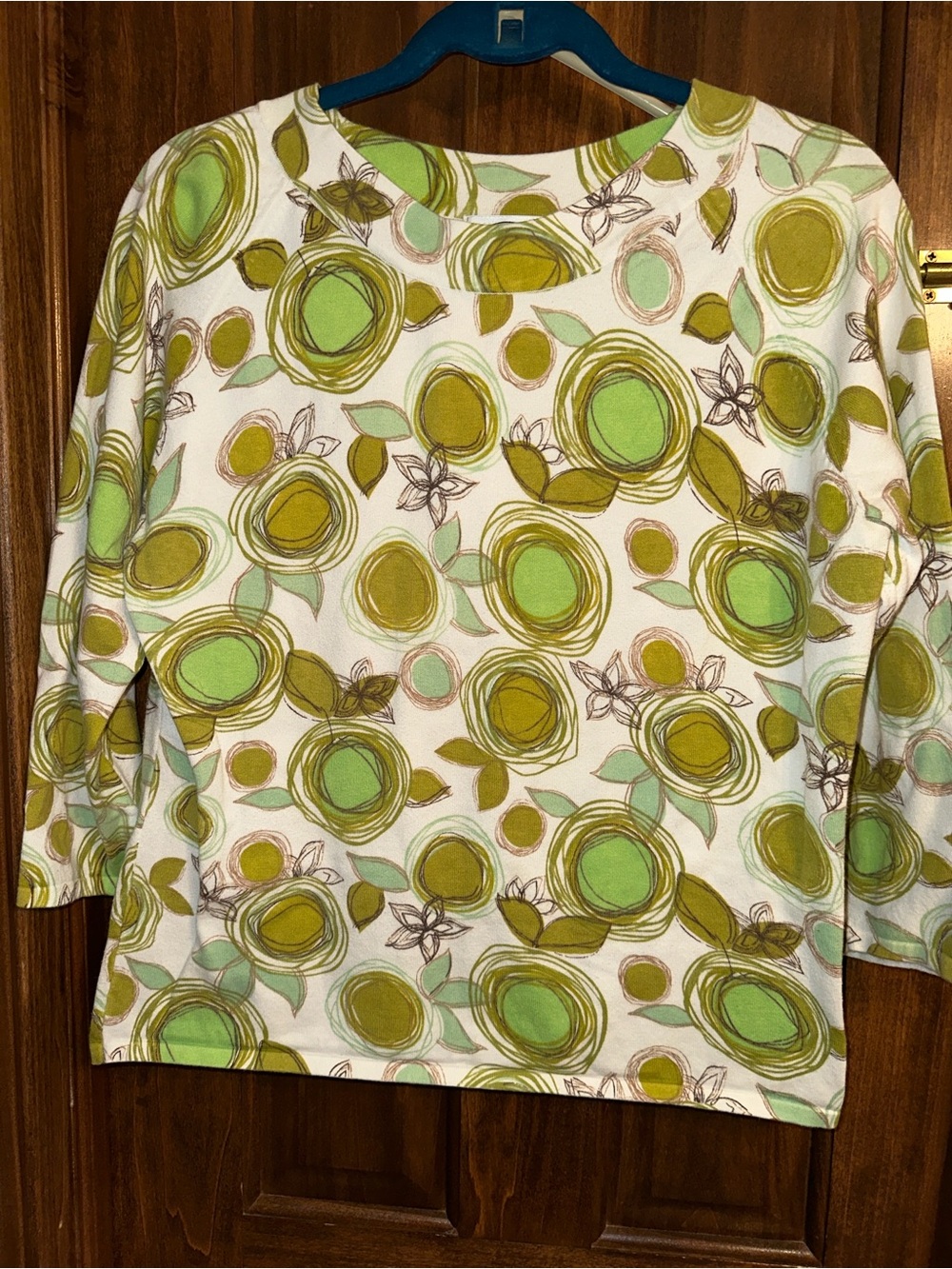 Talbots Vintage White Long Sleeve Top with Green Floral Print